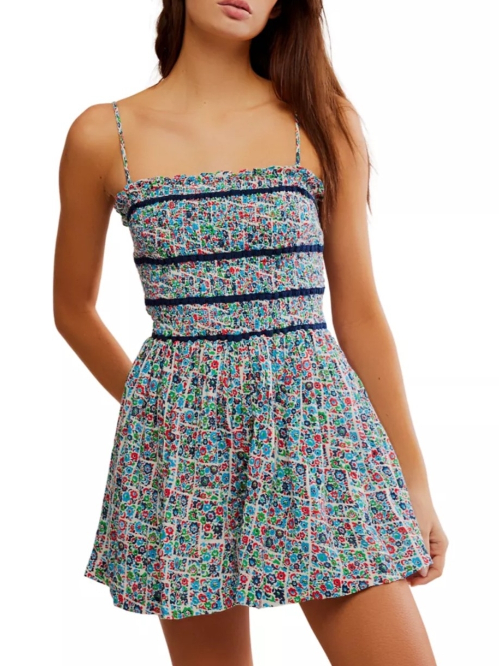Free People Floral Smocked Romper In Blue Floral, Sz L, NWT